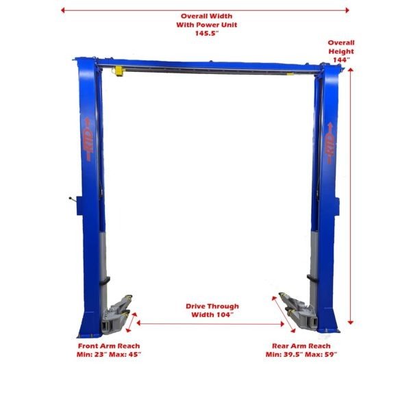 RTD11KCDX-front-dimensions-2-600.jpg Race Tools Direct 11,000 lb. Direct Drive, Overhead 2 Post Lift- Bi-Symmetric Arms
