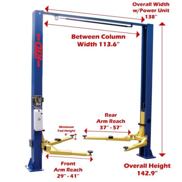 RTD9KACX-Front-Dimensions-1-600x.jpg Race Tools Direct 9,000 lb. Capacity, Overhead 2 Post Lift – Asymmetric